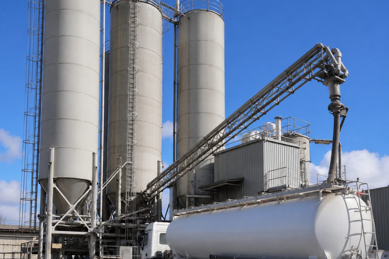 Cement silos with a pneumatic tanker connected at the loadout