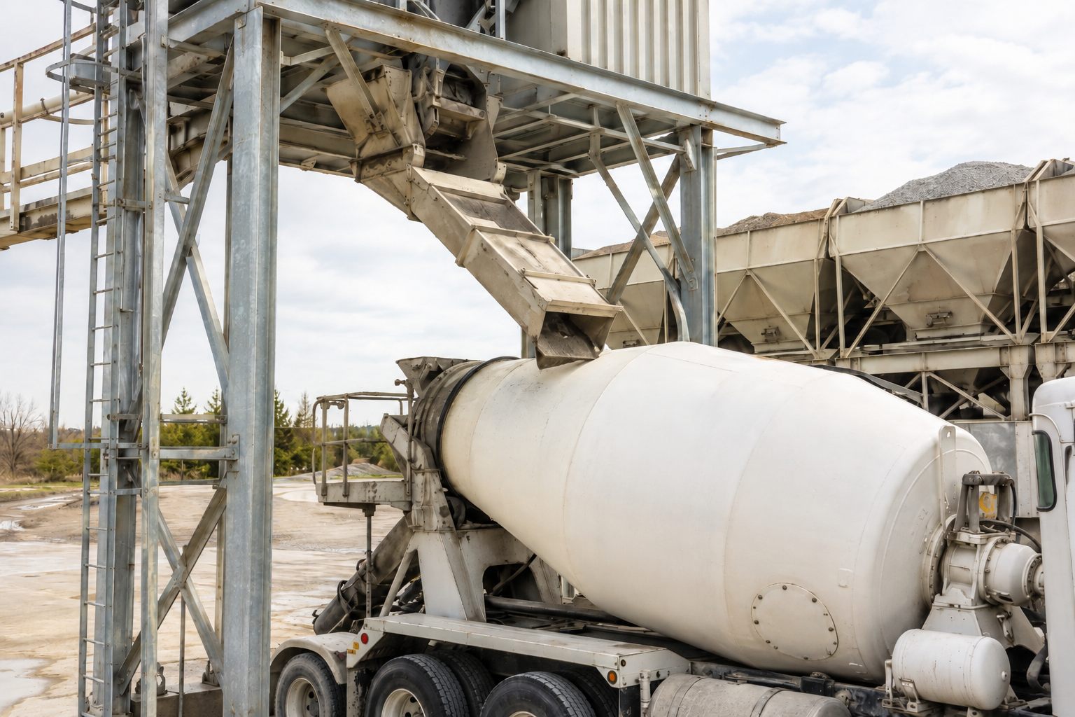 Concrete batch plant charging a ready-mix truck at the discharge chute