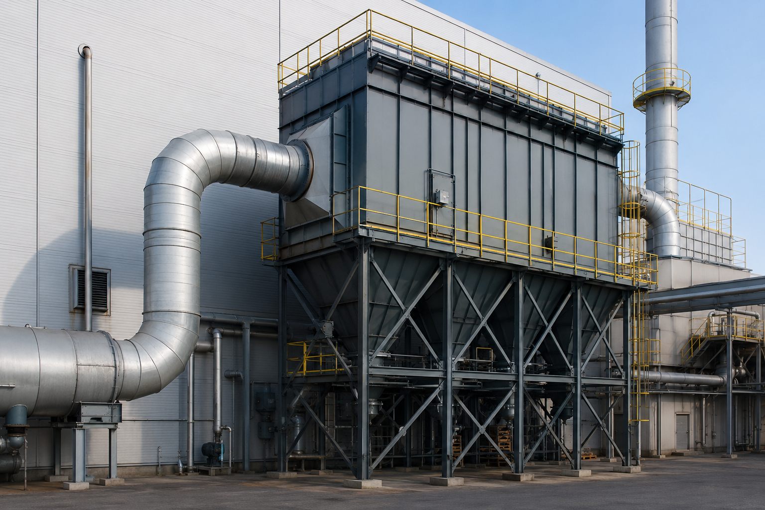 Baghouse dust collector with large diameter ductwork running into the inlet