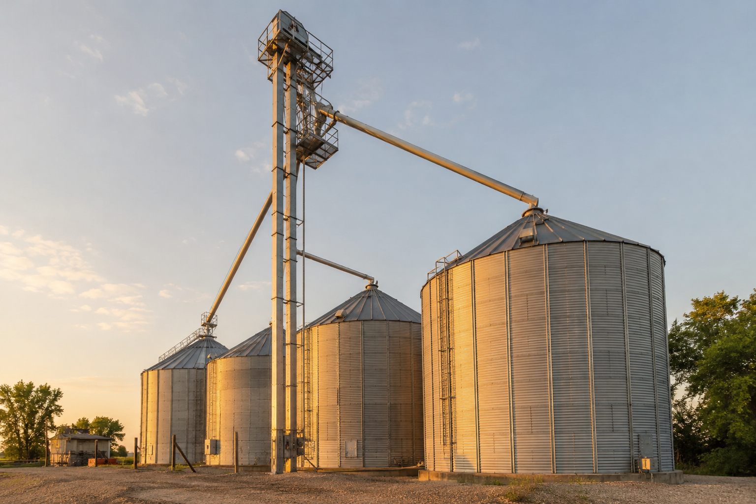 Grain bins and a bucket elevator with spouting at a grain handling facility